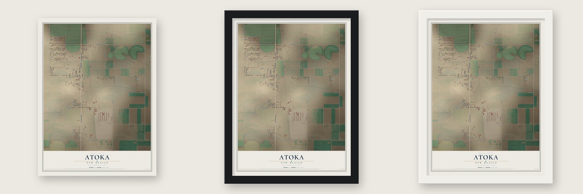 Atoka, New Mexico map unframed, in a black wood frame and in a white wood frame