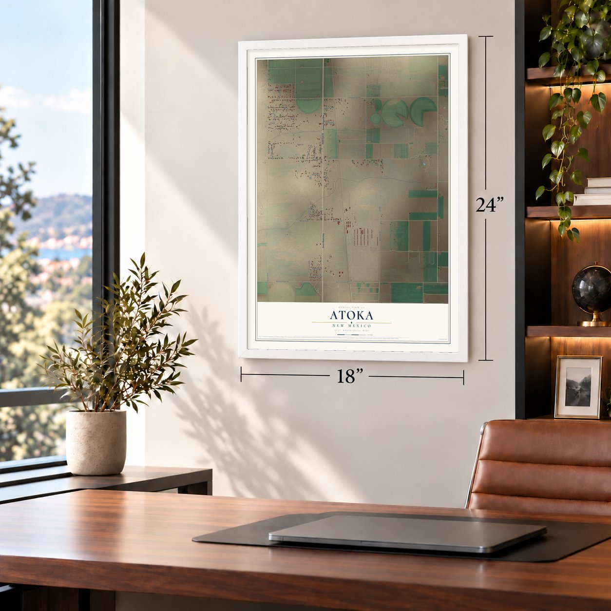 Atoka, New Mexico map, 18 x 24 inch print in a white frame in a home office