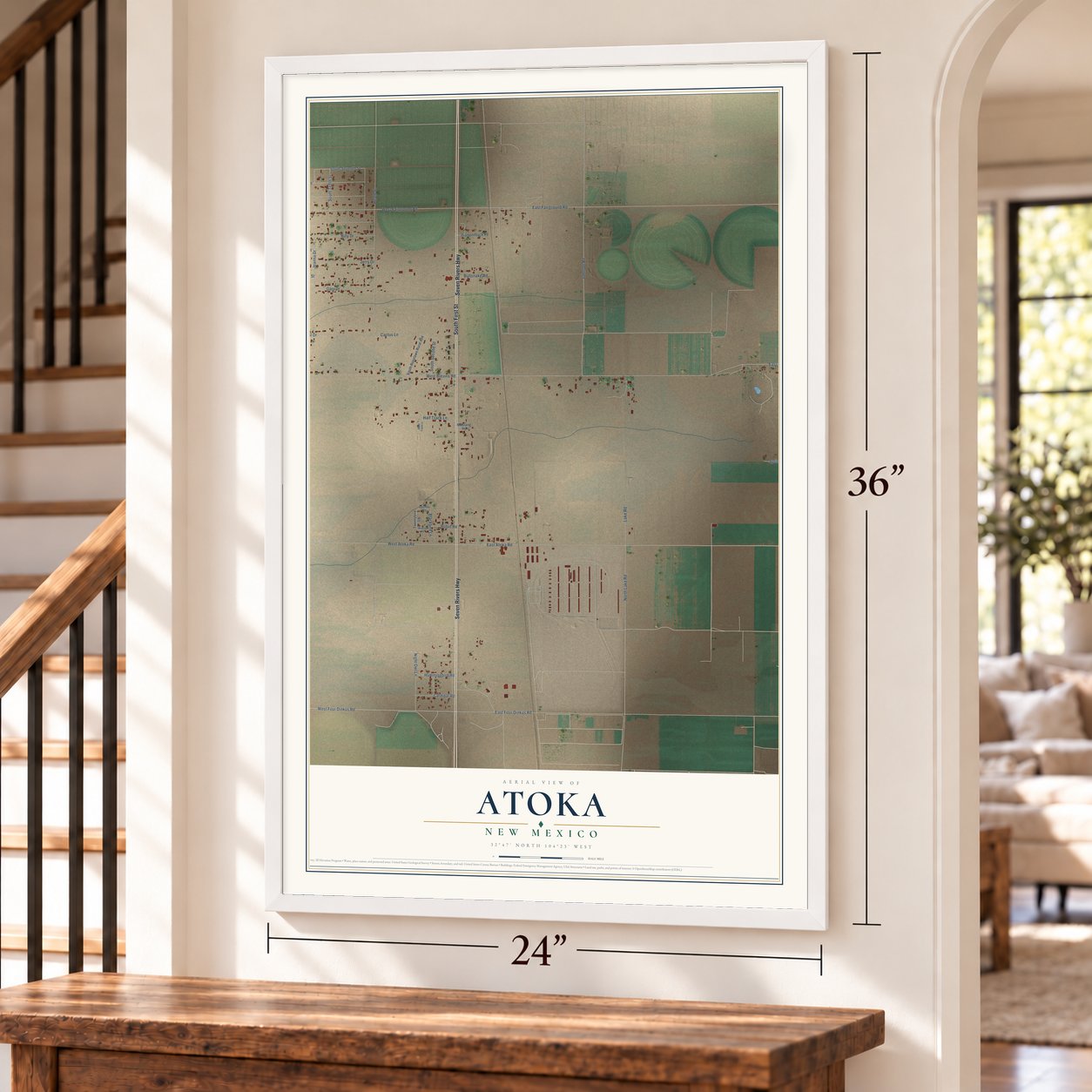 Atoka, New Mexico map, 24 x 36 inch print in a white frame by a staircase