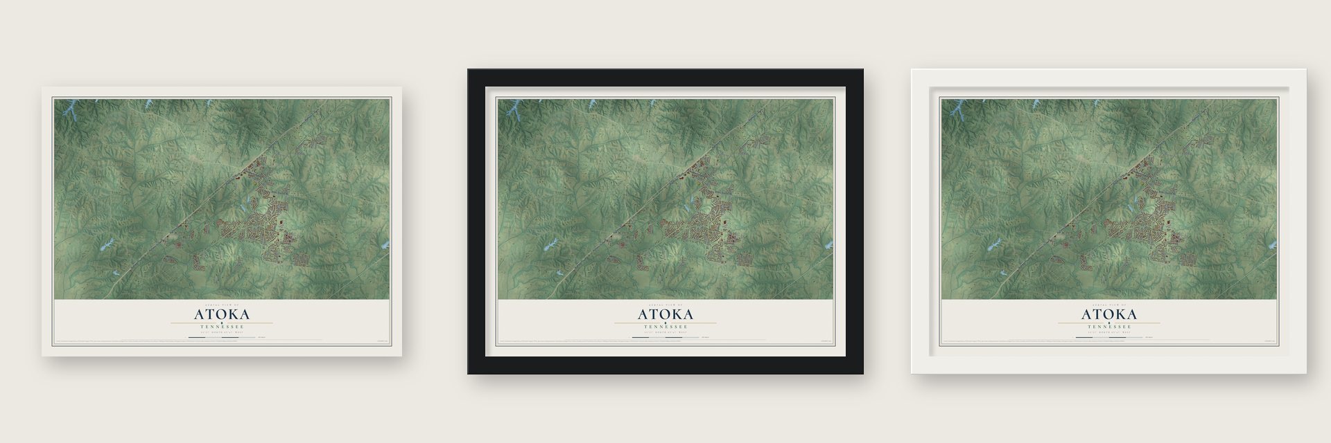 Atoka, Tennessee map unframed, in a black wood frame and in a white wood frame
