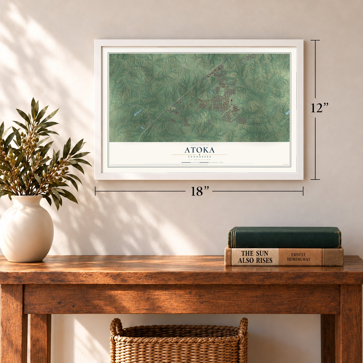 Atoka, Tennessee map, 12 x 18 inch print in a white frame in an entryway