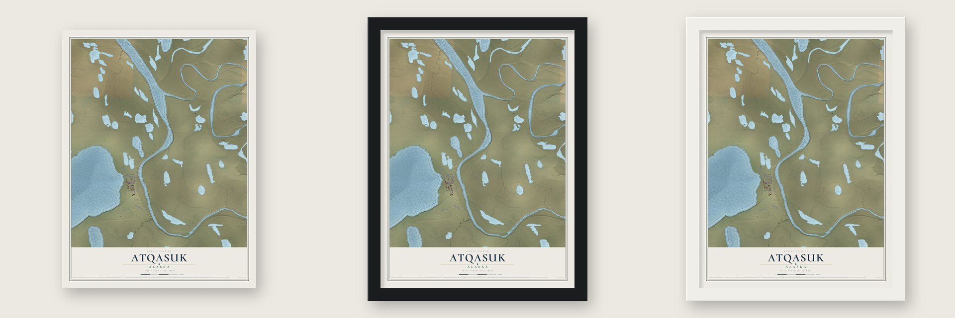 Atqasuk, Alaska map unframed, in a black wood frame and in a white wood frame