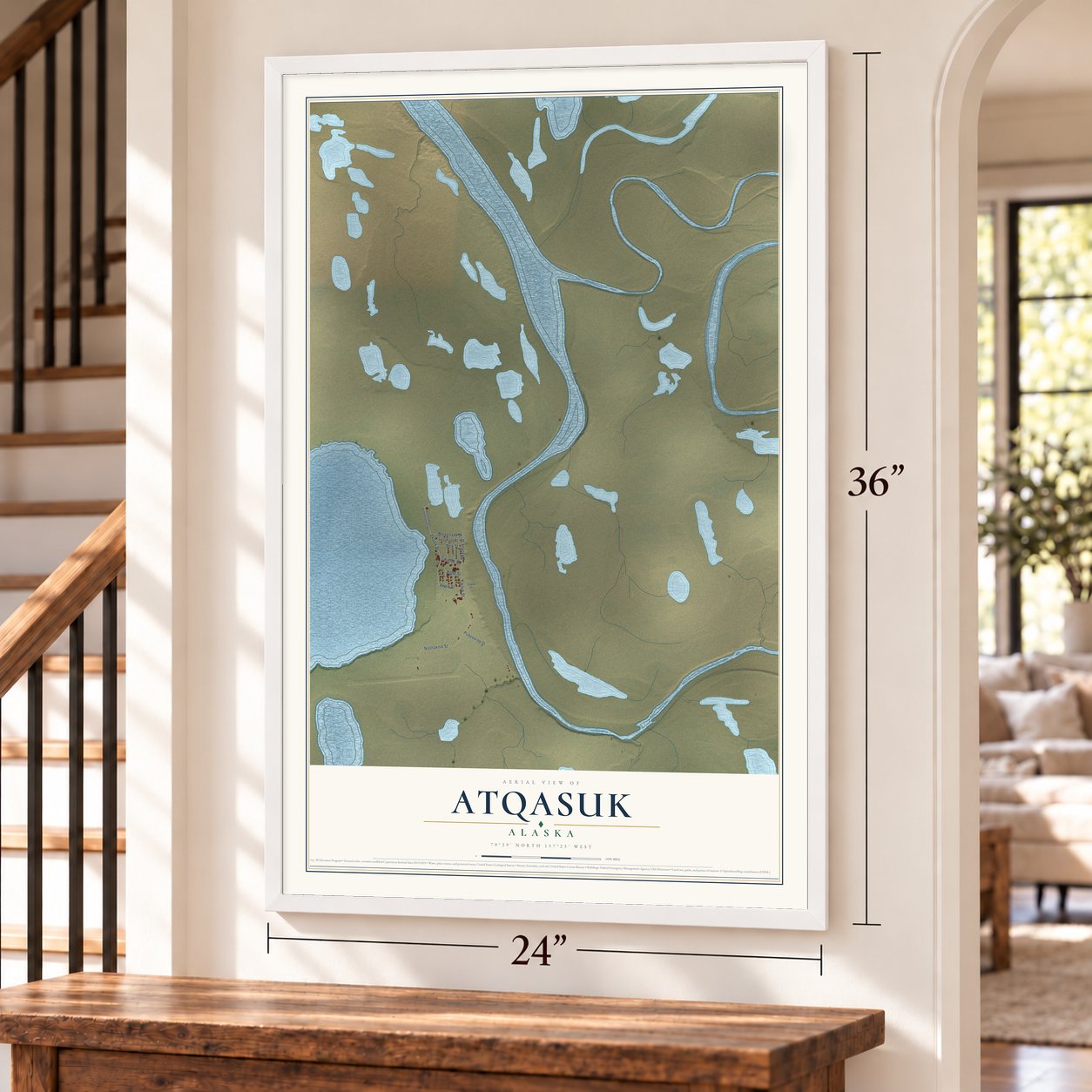 Atqasuk, Alaska map, 24 x 36 inch print in a white frame by a staircase