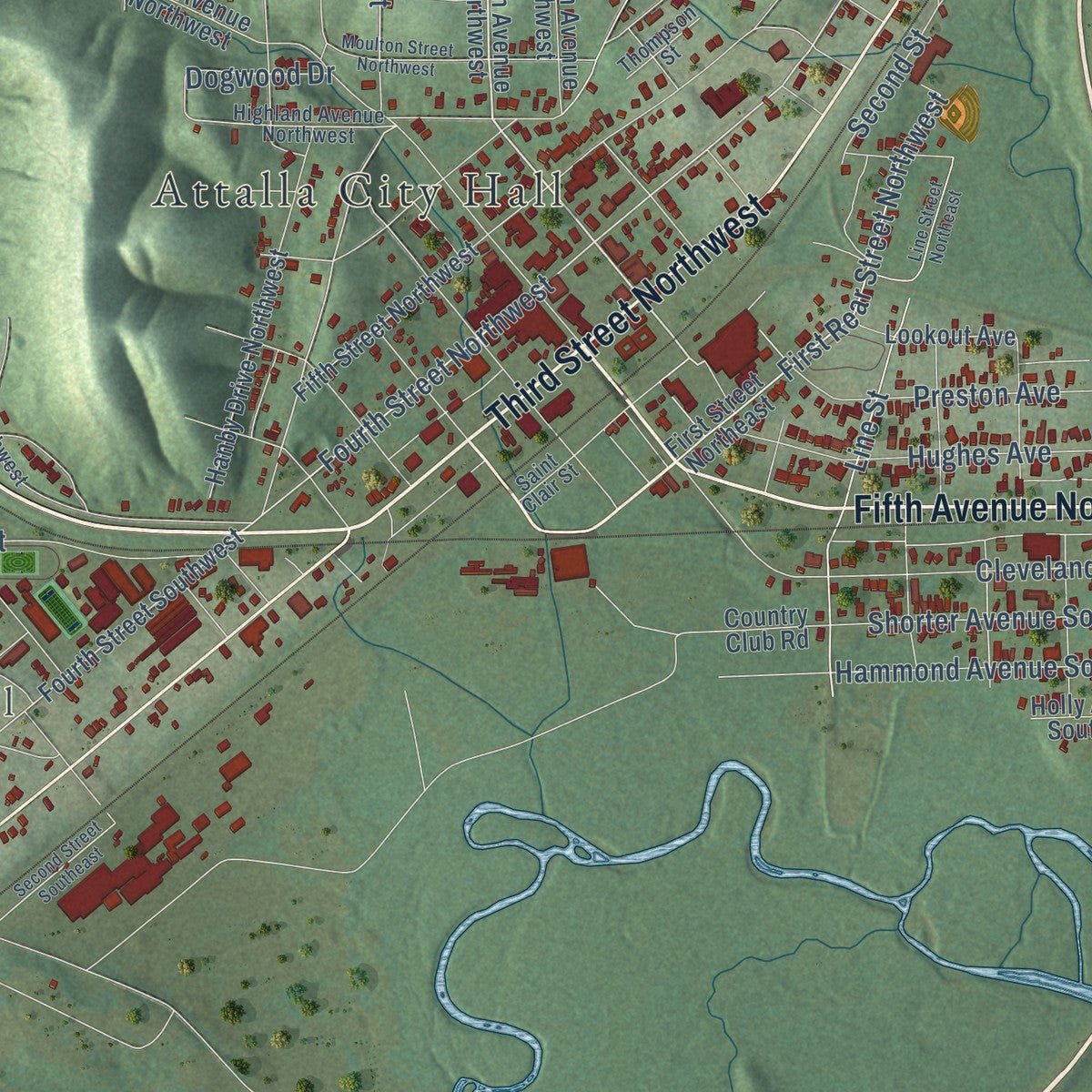 Second close-up of the map of Attalla, Alabama print showing more streets and buildings