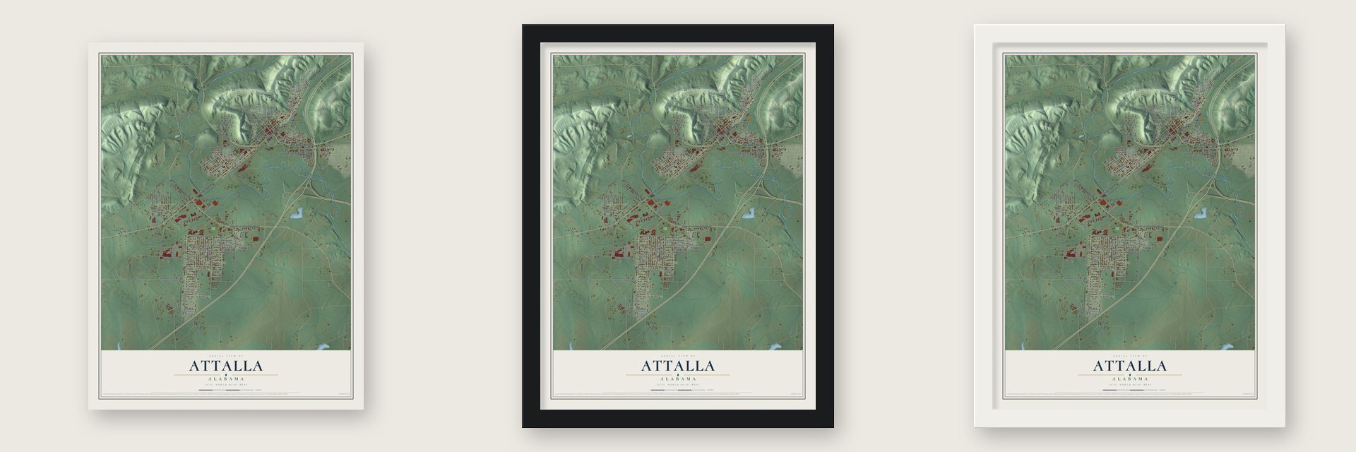 Attalla, Alabama map unframed, in a black wood frame and in a white wood frame