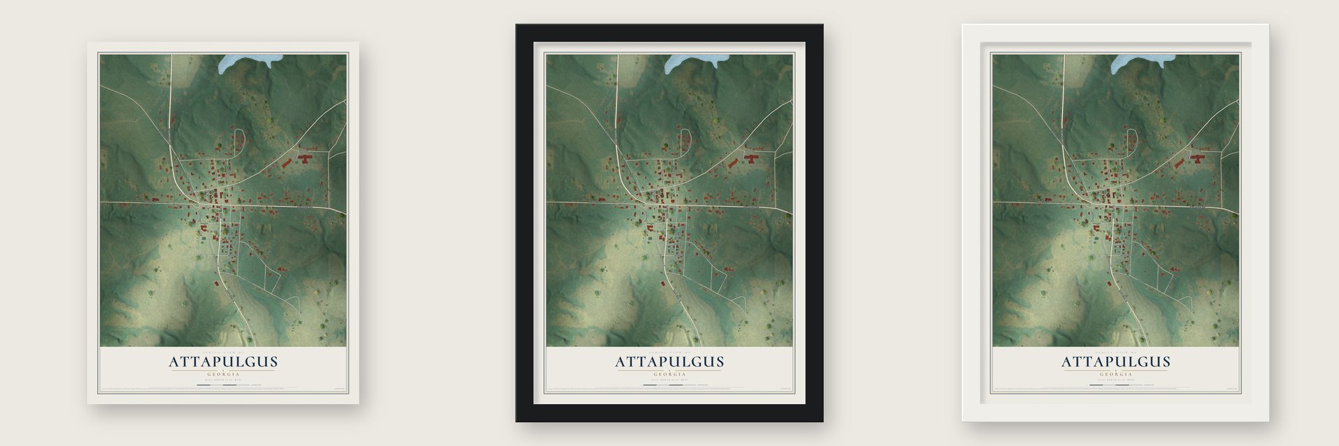 Attapulgus, Georgia map unframed, in a black wood frame and in a white wood frame