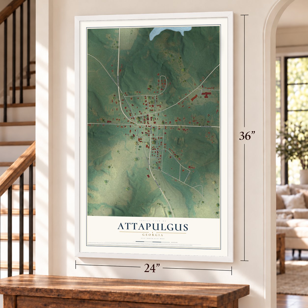 Attapulgus, Georgia map, 24 x 36 inch print in a white frame by a staircase