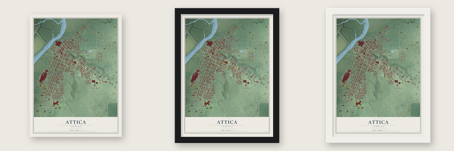 Attica, Indiana map unframed, in a black wood frame and in a white wood frame