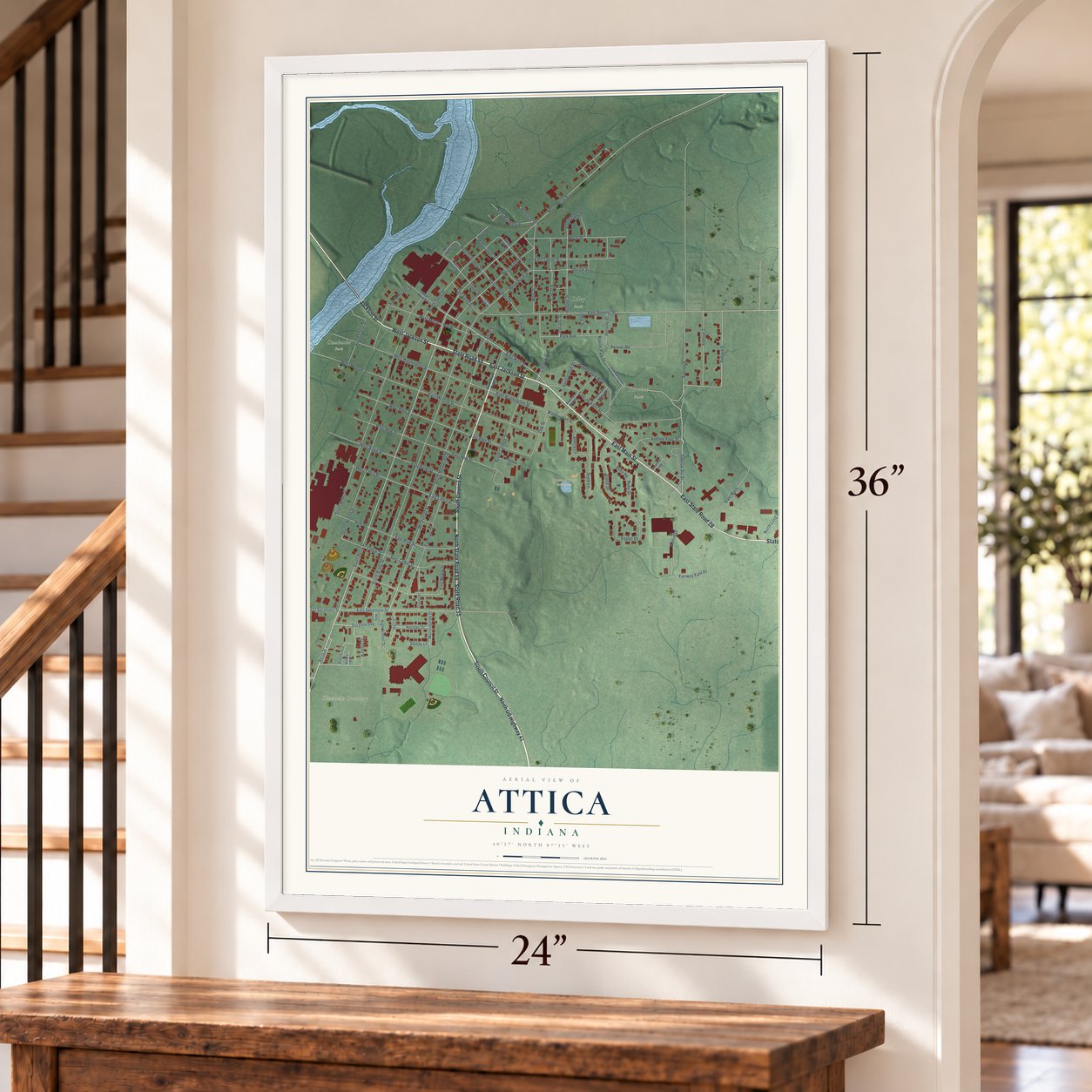Attica, Indiana map, 24 x 36 inch print in a white frame by a staircase