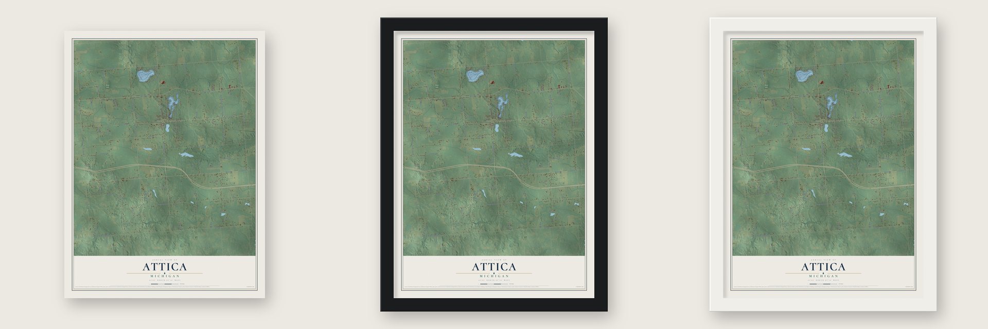 Attica, Michigan map unframed, in a black wood frame and in a white wood frame