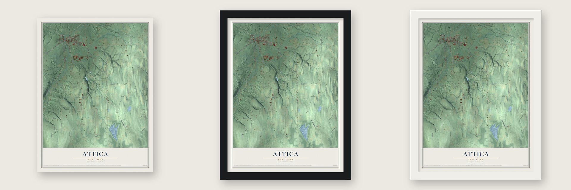 Attica, New York map unframed, in a black wood frame and in a white wood frame