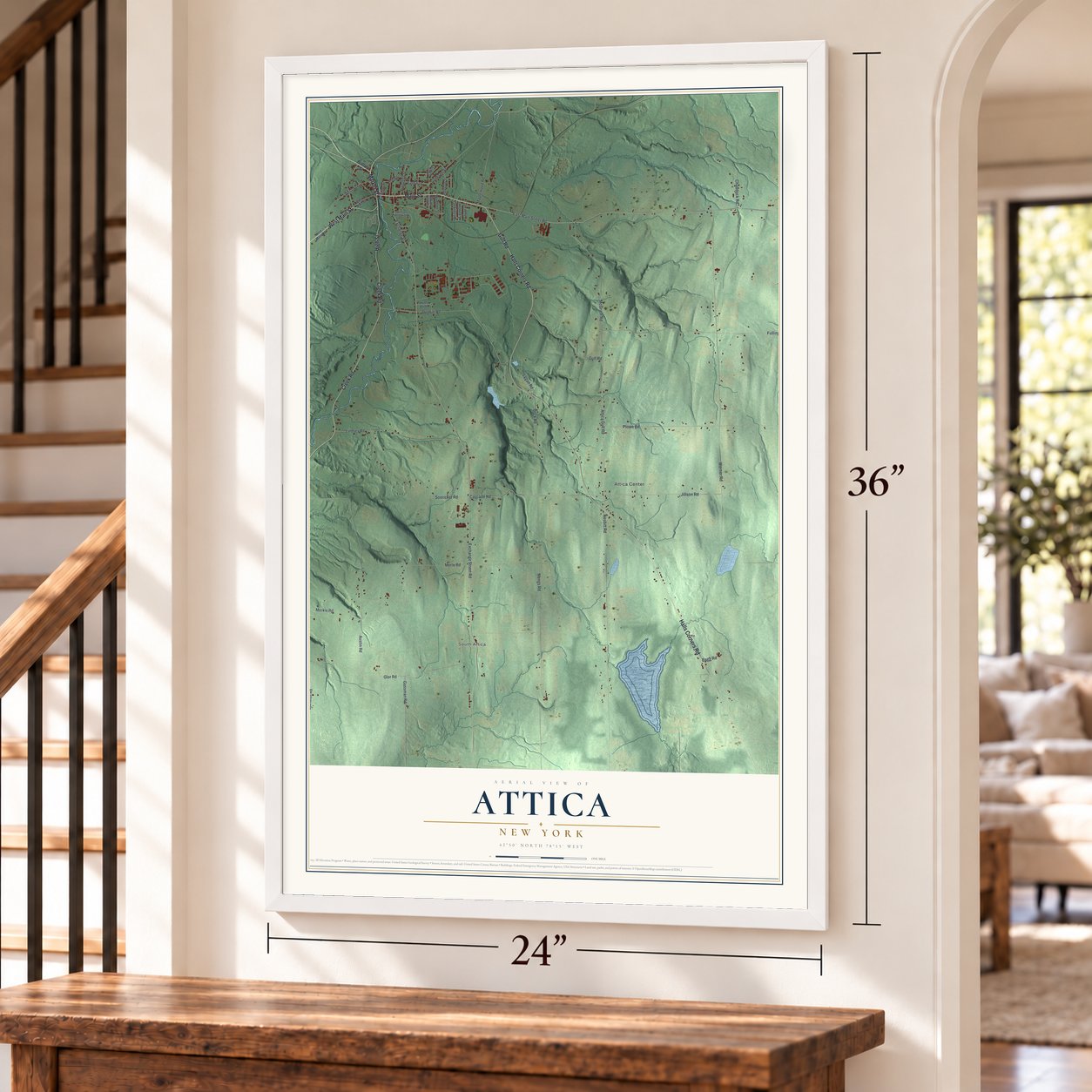 Attica, New York map, 24 x 36 inch print in a white frame by a staircase