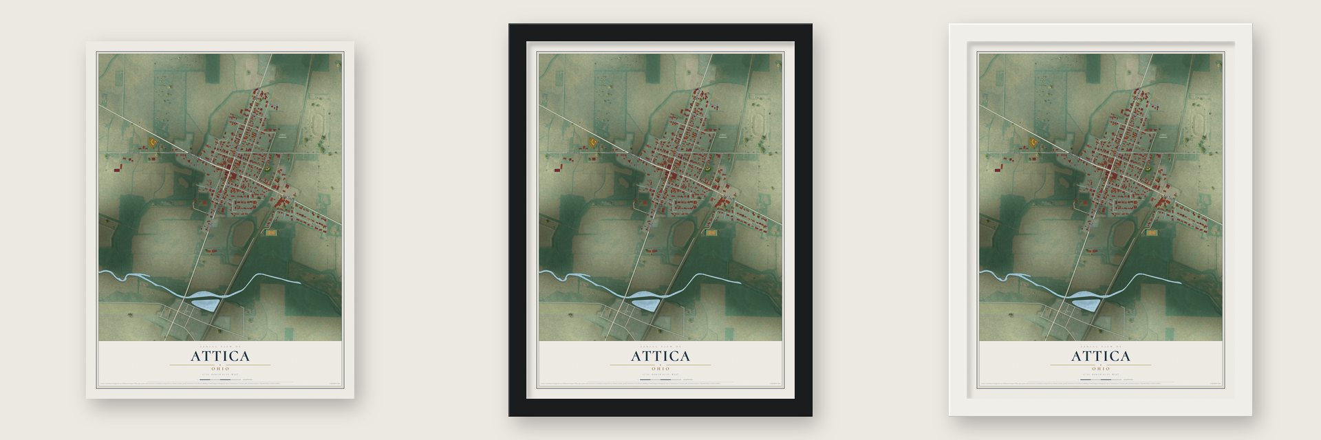 Attica, Ohio map unframed, in a black wood frame and in a white wood frame