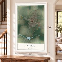 Attica, Ohio map, 24 x 36 inch print in a white frame by a staircase