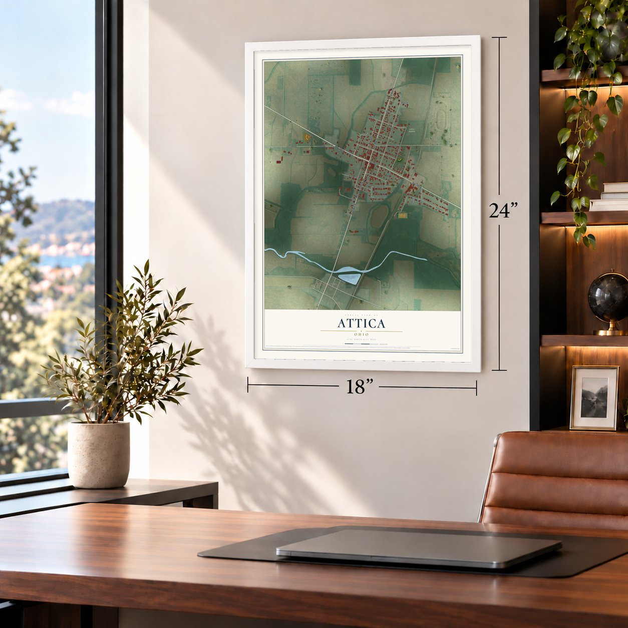 Attica, Ohio map, 18 x 24 inch print in a white frame in a home office