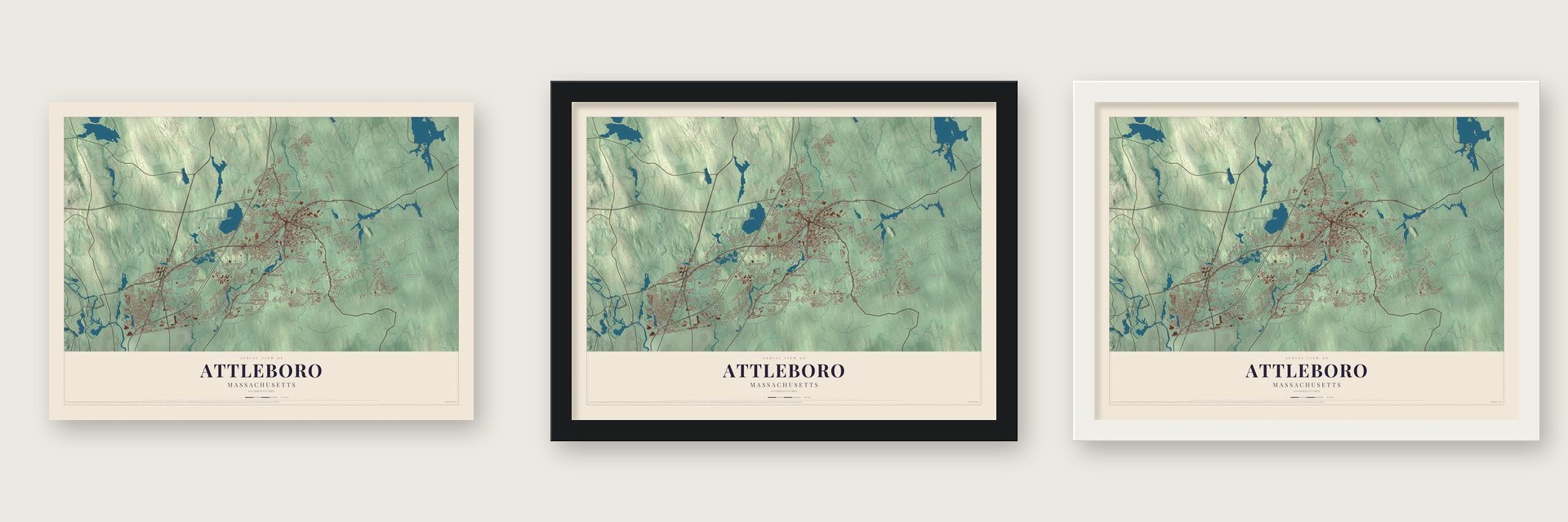 Attleboro, Massachusetts map unframed, in a black wood frame and in a white wood frame