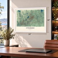 Attleboro, Massachusetts map, 18 x 24 inch print in a white frame in a home office