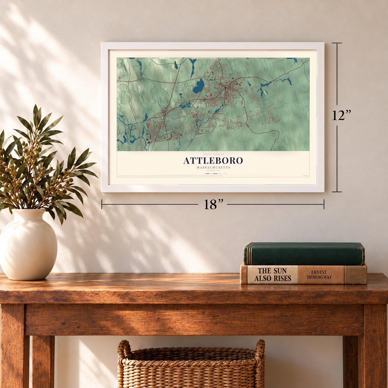 Attleboro, Massachusetts map, 12 x 18 inch print in a white frame in an entryway