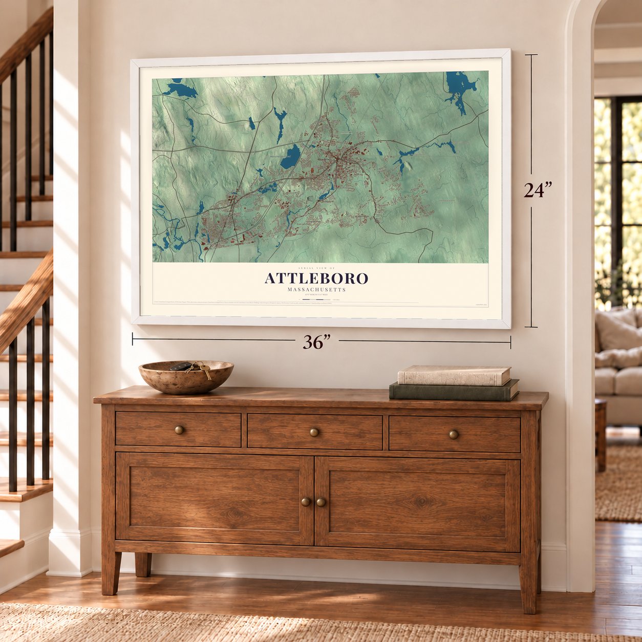 Attleboro, Massachusetts map, 24 x 36 inch print in a white frame above a dresser by a staircase