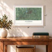 Attleboro, Massachusetts map, 12 x 18 inch print in a white frame in an entryway