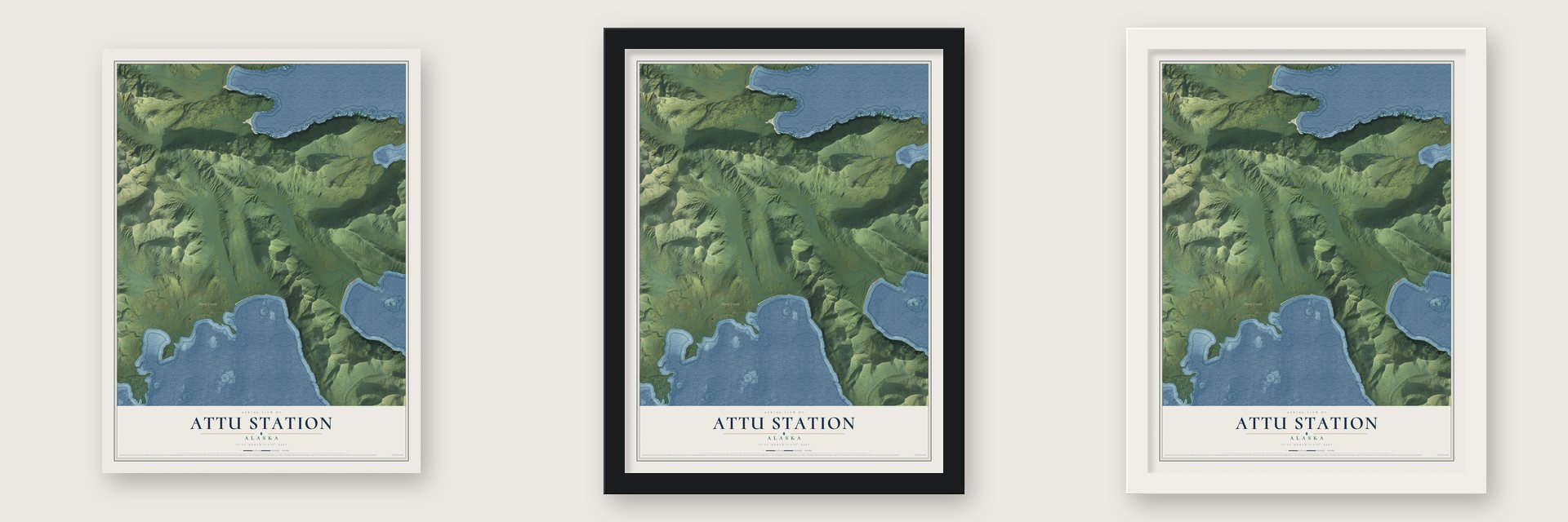 Attu Station, Alaska map unframed, in a black wood frame and in a white wood frame