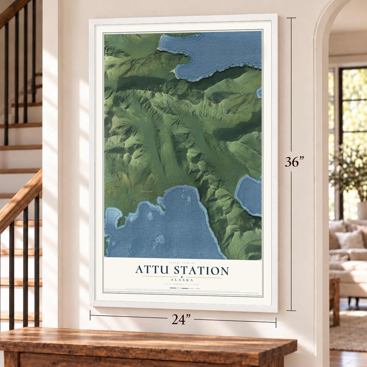 Attu Station, Alaska map, 24 x 36 inch print in a white frame by a staircase