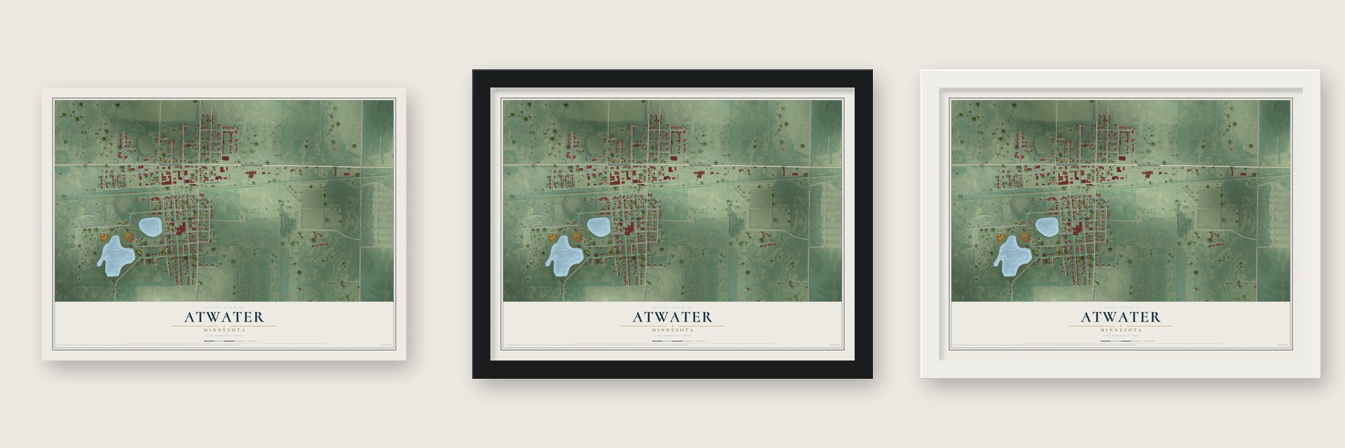 Atwater, Minnesota map unframed, in a black wood frame and in a white wood frame