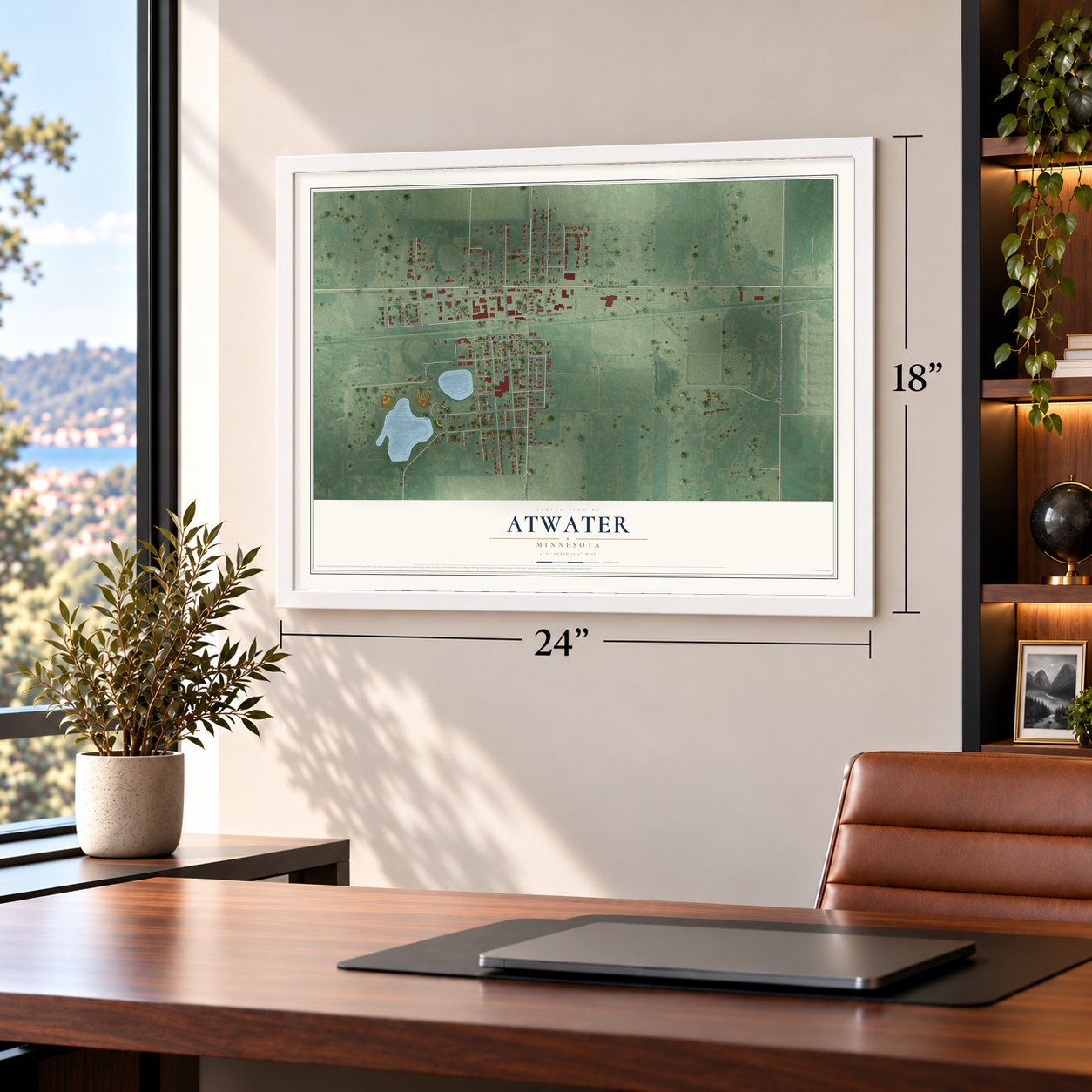 Atwater, Minnesota map, 18 x 24 inch print in a white frame in a home office