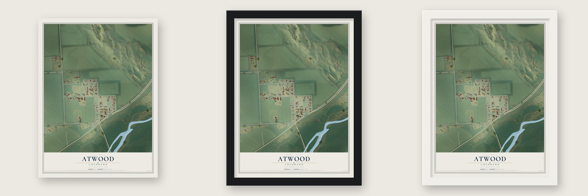 Atwood, Colorado map unframed, in a black wood frame and in a white wood frame