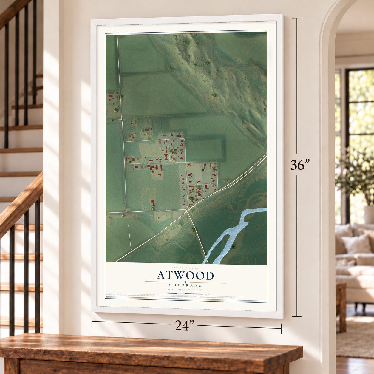 Atwood, Colorado map, 24 x 36 inch print in a white frame by a staircase