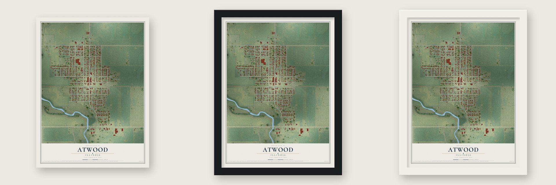 Atwood, Illinois map unframed, in a black wood frame and in a white wood frame