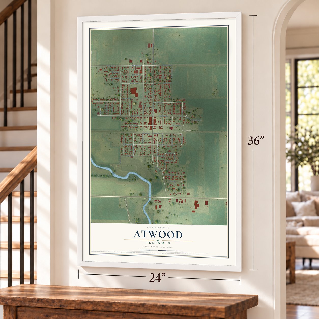 Atwood, Illinois map, 24 x 36 inch print in a white frame by a staircase