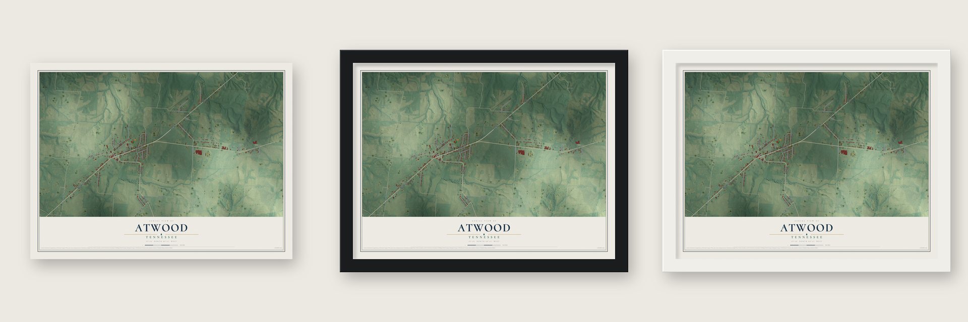 Atwood, Tennessee map unframed, in a black wood frame and in a white wood frame