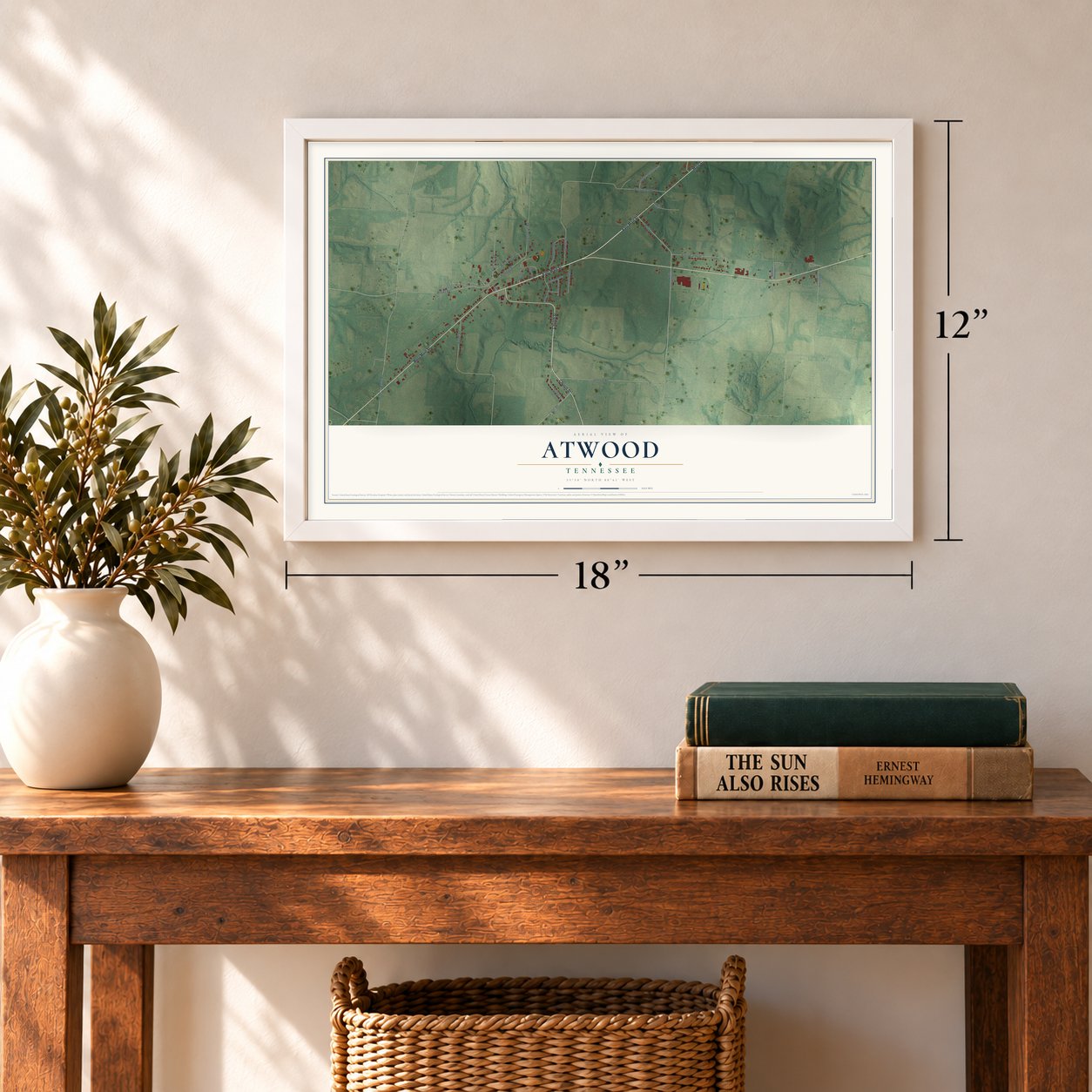 Atwood, Tennessee map, 12 x 18 inch print in a white frame in an entryway