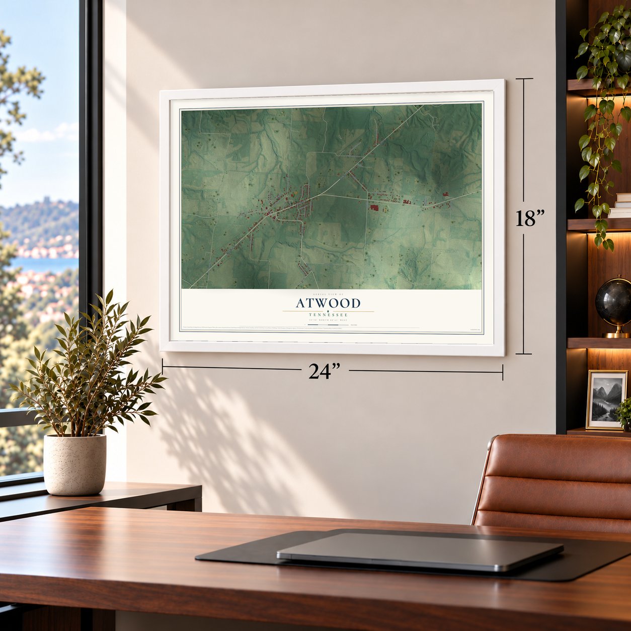 Atwood, Tennessee map, 18 x 24 inch print in a white frame in a home office