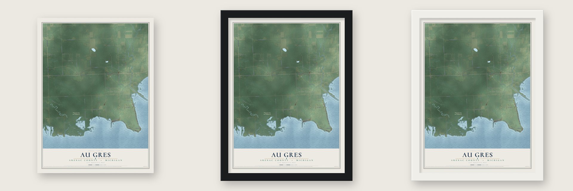Au Gres, Arenac County, Michigan map unframed, in a black wood frame and in a white wood frame