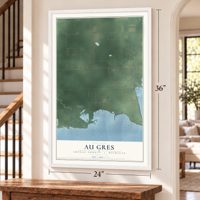Au Gres, Arenac County, Michigan map, 24 x 36 inch print in a white frame by a staircase