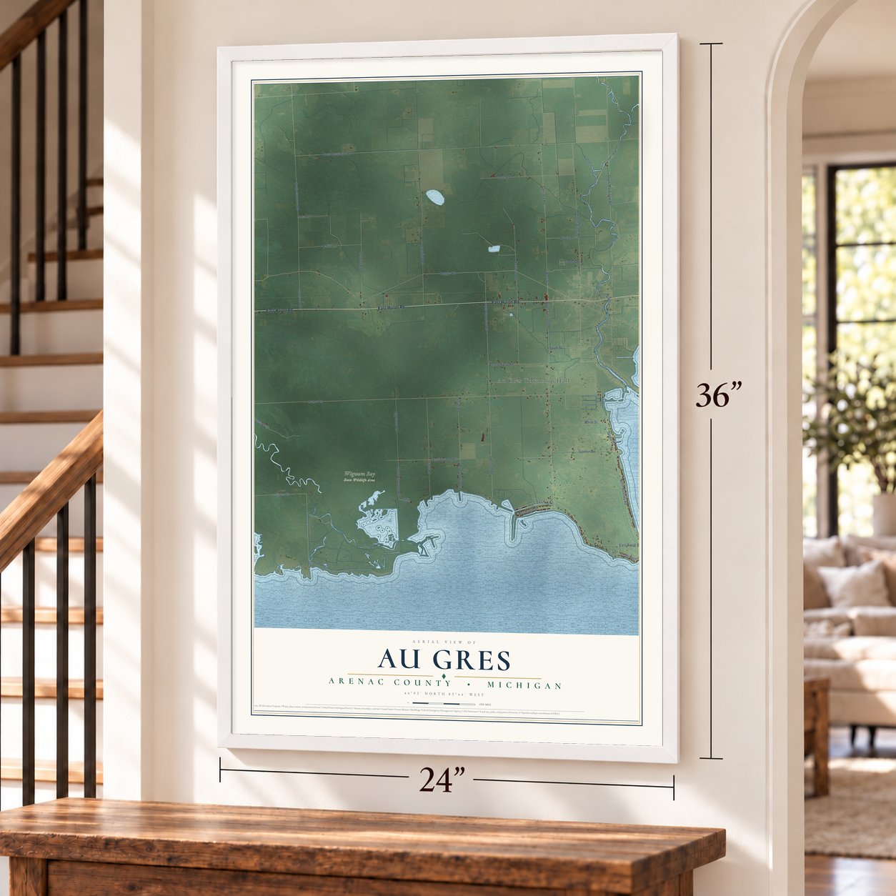 Au Gres, Arenac County, Michigan map, 24 x 36 inch print in a white frame by a staircase