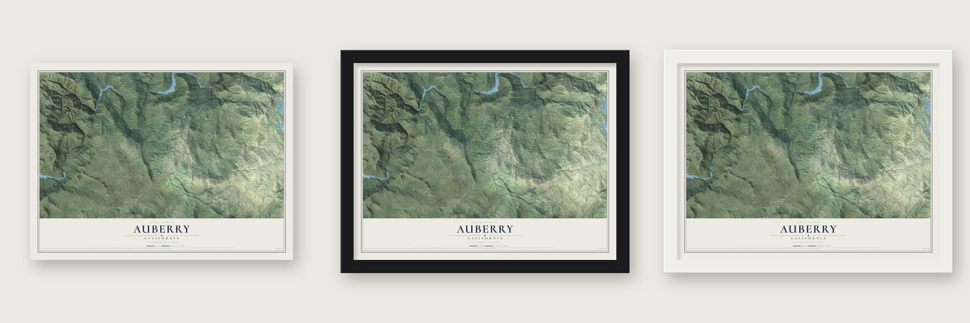 Auberry, California map unframed, in a black wood frame and in a white wood frame