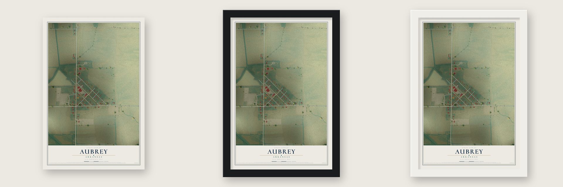 Aubrey, Arkansas map unframed, in a black wood frame and in a white wood frame