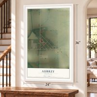 Aubrey, Arkansas map, 24 x 36 inch print in a white frame by a staircase