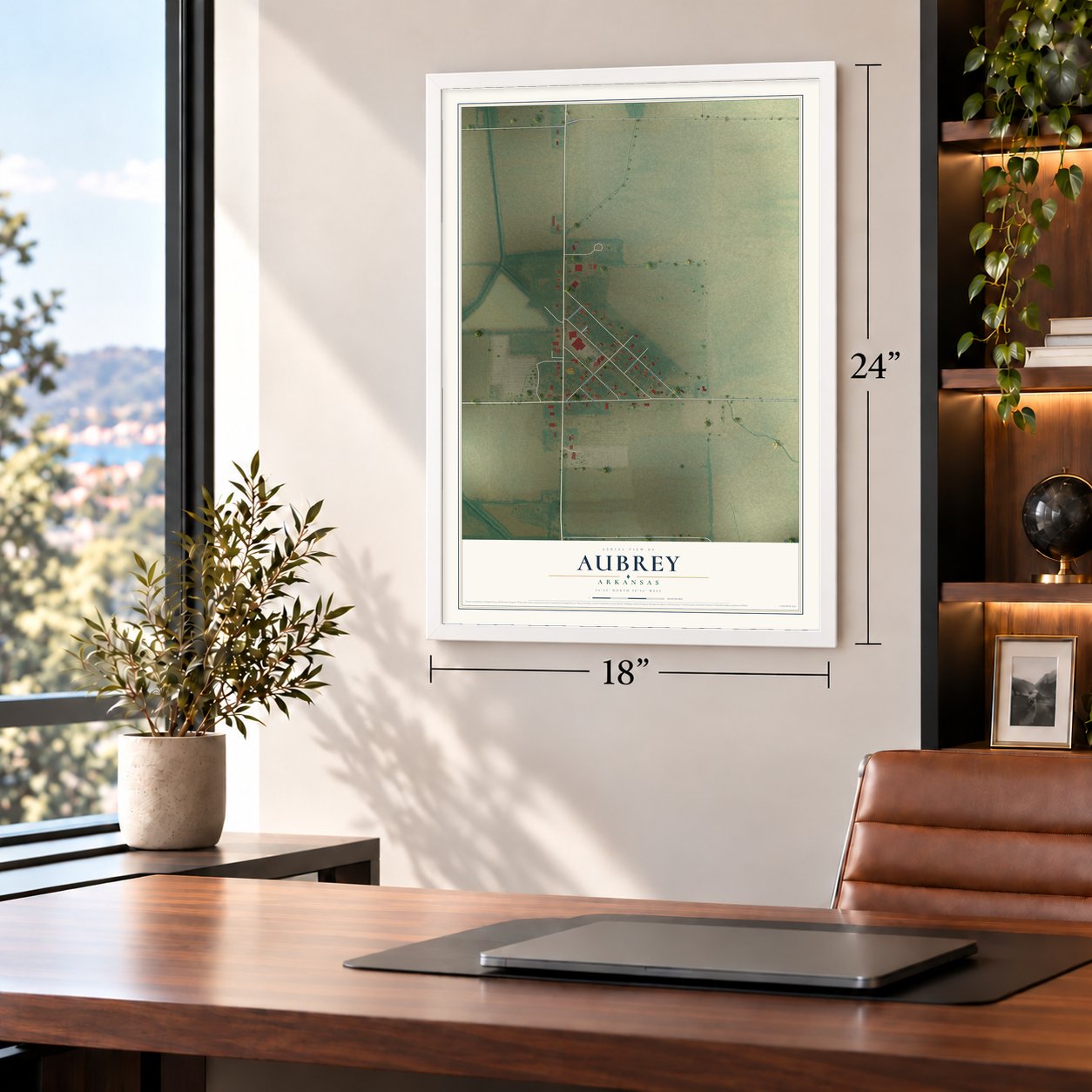Aubrey, Arkansas map, 18 x 24 inch print in a white frame in a home office
