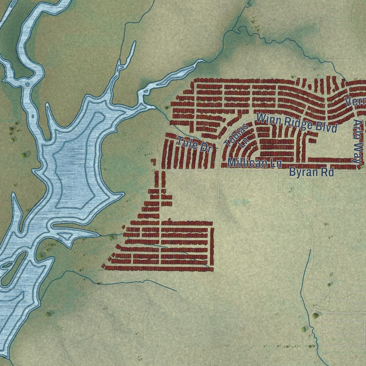 Second close-up of the map of Aubrey, Texas print showing more streets and buildings