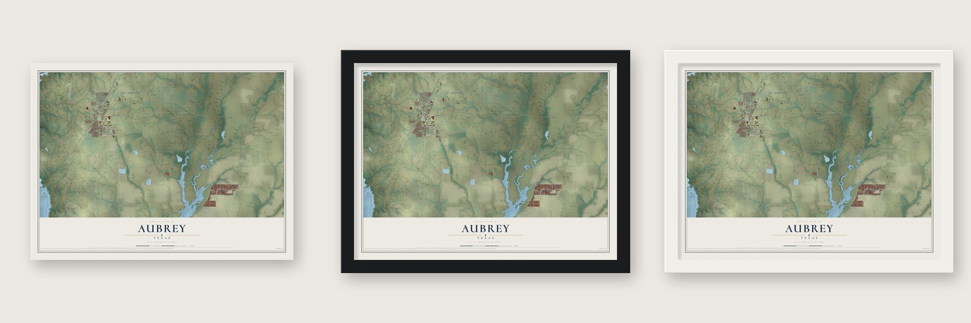 Aubrey, Texas map unframed, in a black wood frame and in a white wood frame