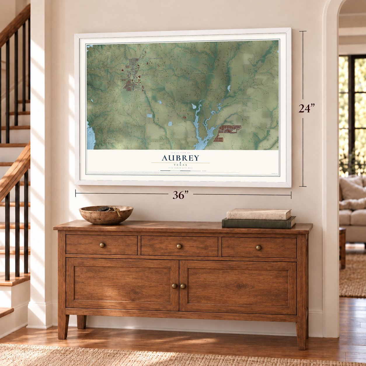 Aubrey, Texas map, 24 x 36 inch print in a white frame above a dresser by a staircase