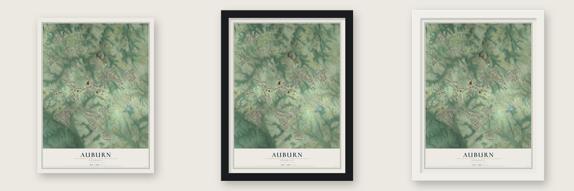 Auburn, Georgia map unframed, in a black wood frame and in a white wood frame