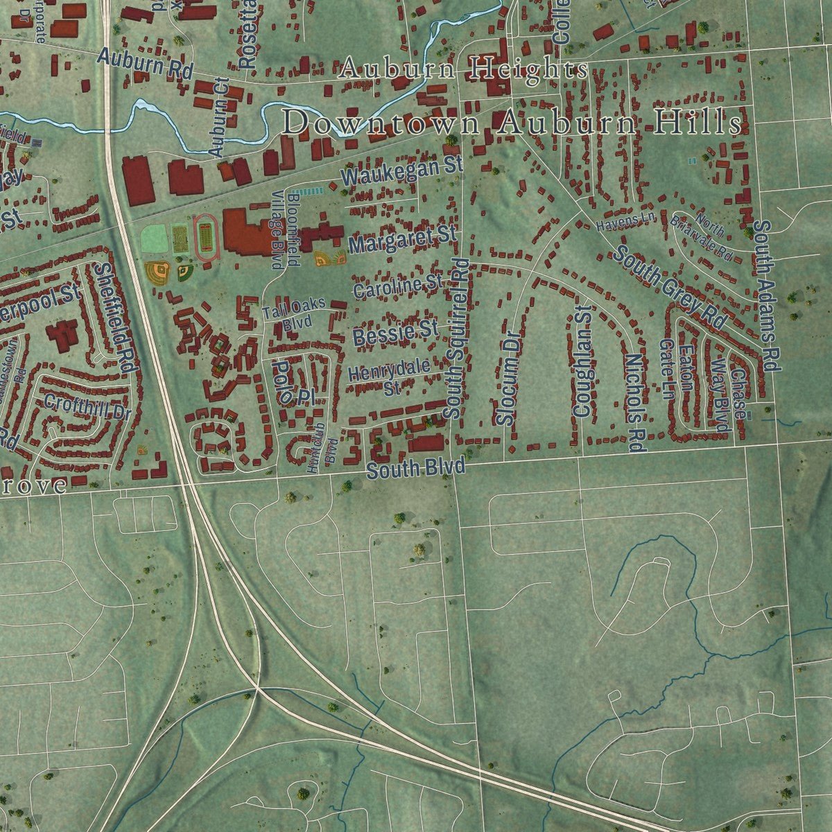 Second close-up of the map of Auburn Hills, Michigan print showing more streets and buildings