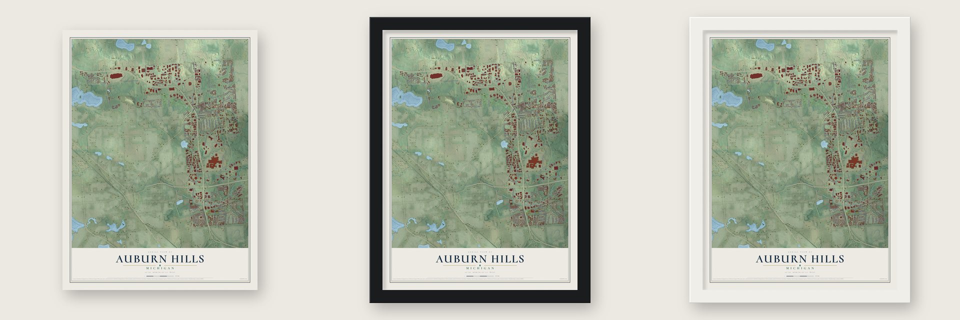 Auburn Hills, Michigan map unframed, in a black wood frame and in a white wood frame