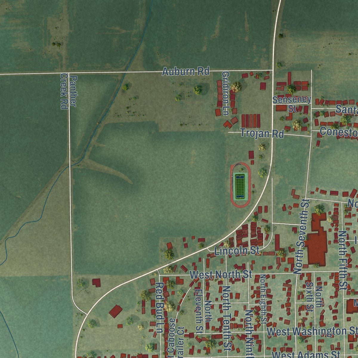 Second close-up of the map of Auburn, Illinois print showing more streets and buildings