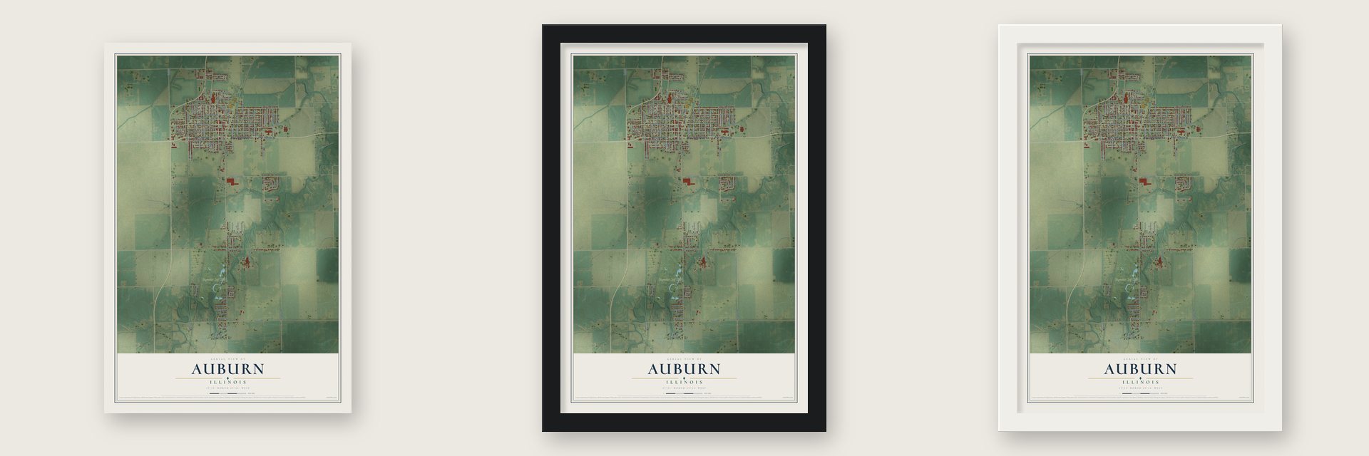 Auburn, Illinois map unframed, in a black wood frame and in a white wood frame